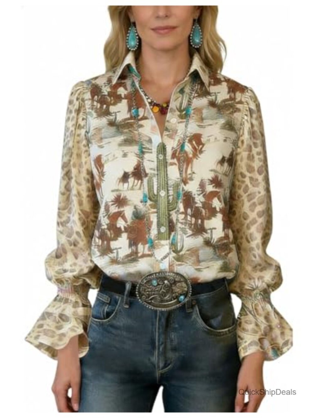 Women Boho Paisley Long Sleeve Ruffled Cuff Button Down Blouse